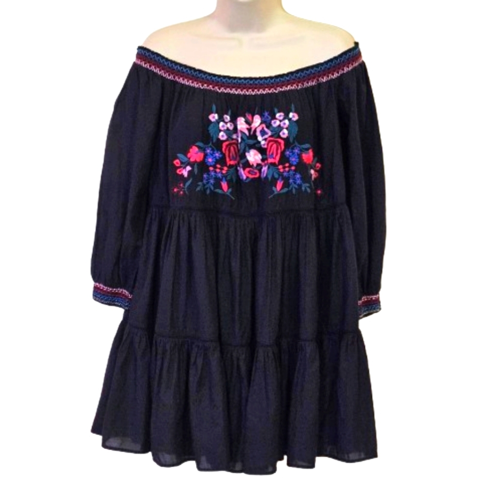 Free People Black Off-Shoulder Mini Dress with Pink & Blue Floral Embroidery